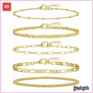 14K Gold Plated Stackable Bracelet Set Adjustable Cuban Link Chain 6.8"